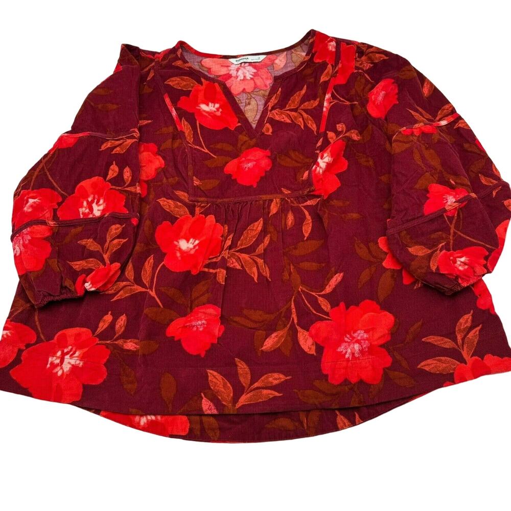 NWT Sonoma Women's Top Size 1X Floral‎ Split Neck Red Corduroy Peasant Top Boho